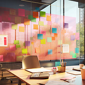 Bright and colorful post-its or sticky notes on a glass wall. For ...