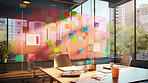 Bright and colorful post-its or sticky notes on a glass wall. For project planning and strategy