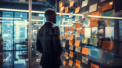 Business man looking and brainstorming with ideas on glass board and sticky note