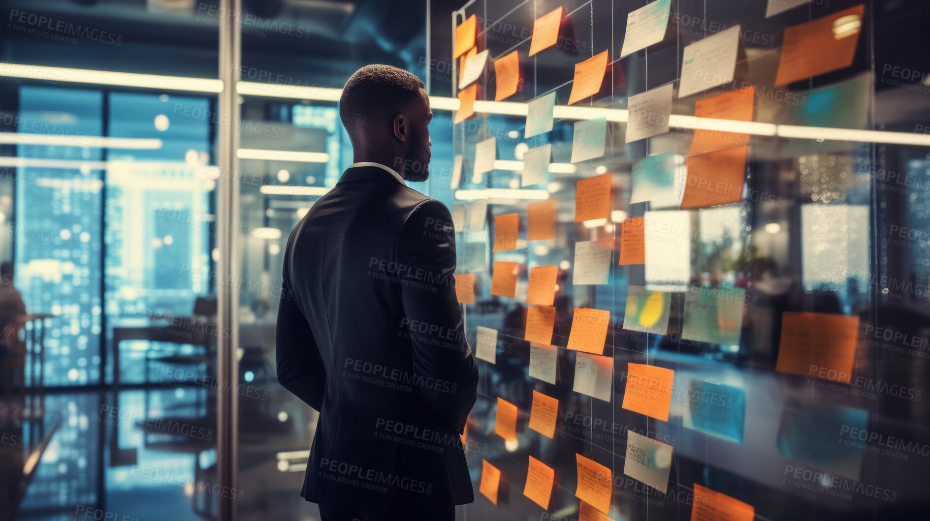 Buy stock photo Business man looking and brainstorming with ideas on glass board and sticky note