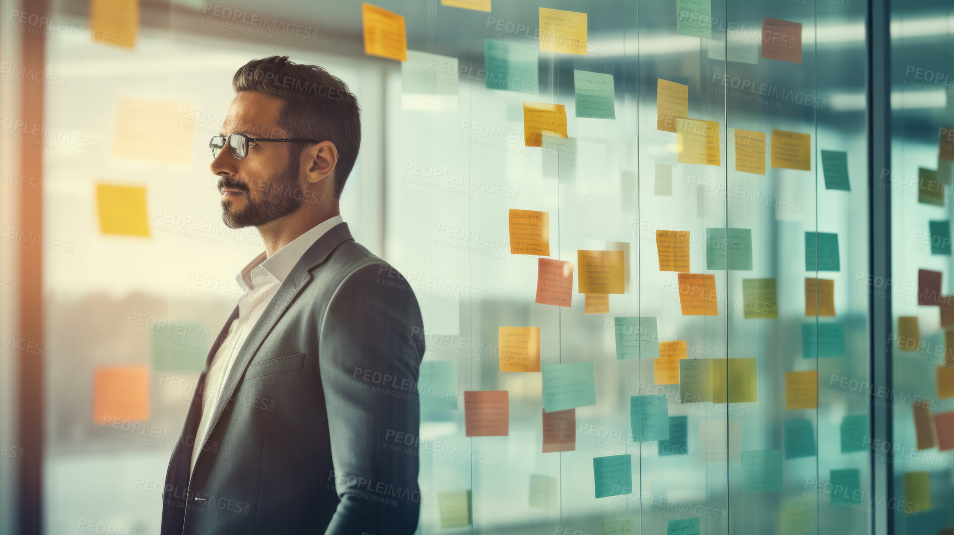 Buy stock photo Business man looking and brainstorming with ideas on glass board and sticky note