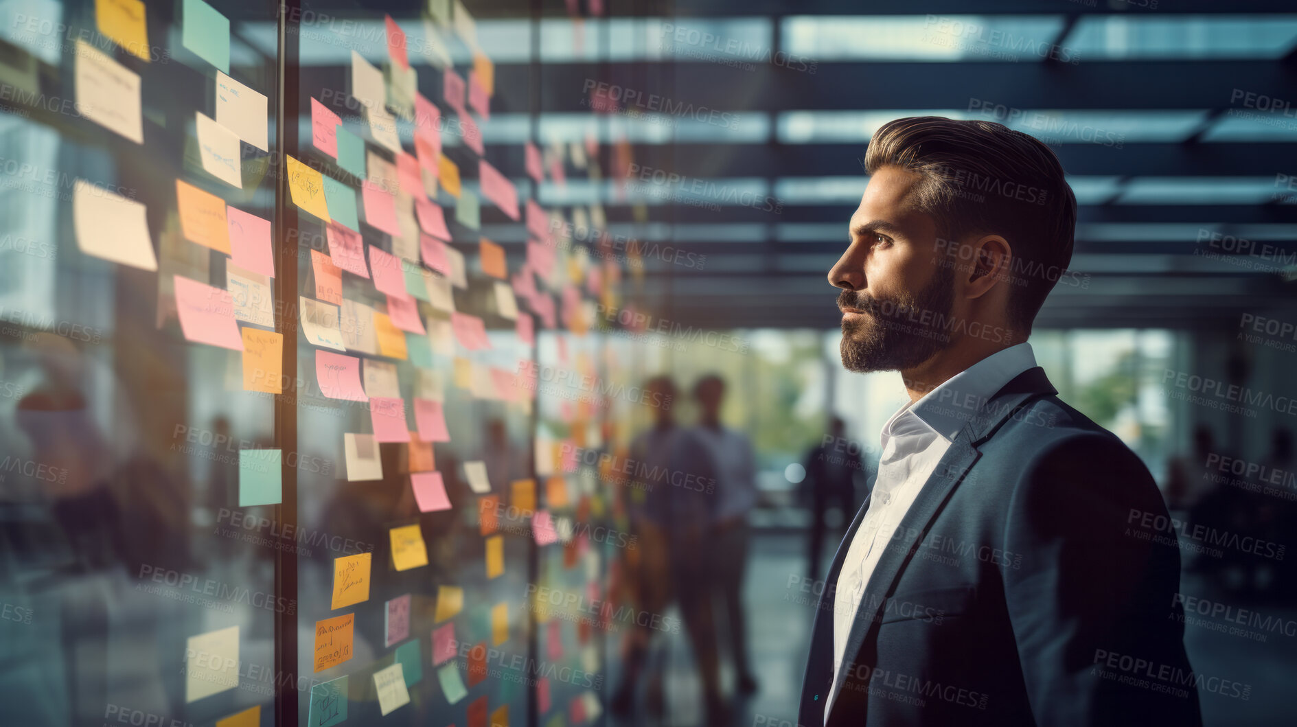 Buy stock photo Business man looking and brainstorming with ideas on glass board and sticky note