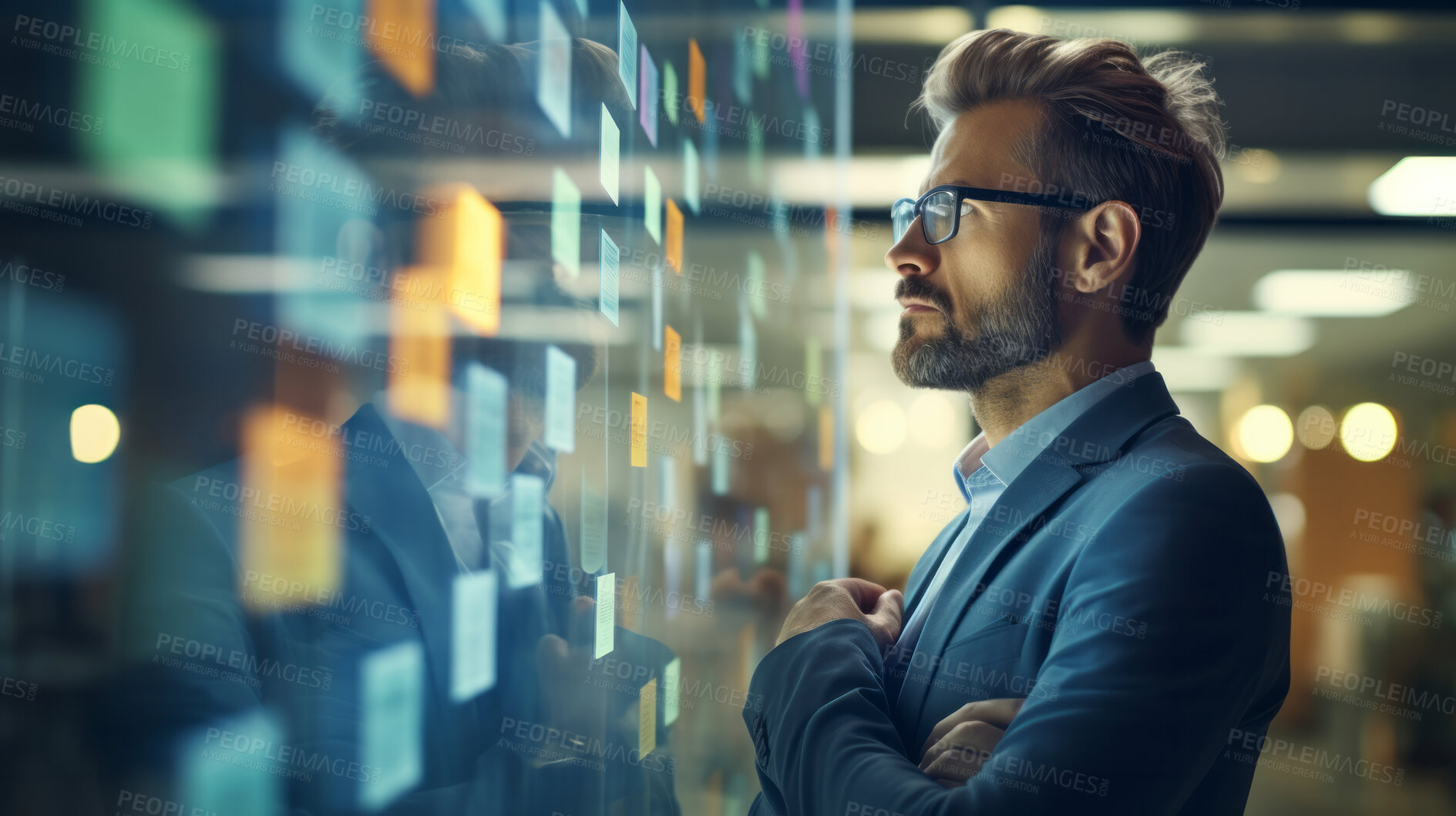 Buy stock photo Business man looking and brainstorming with ideas on glass board and sticky note