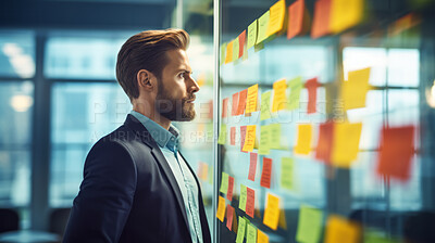 Business man looking and brainstorming with ideas on glass board and sticky note