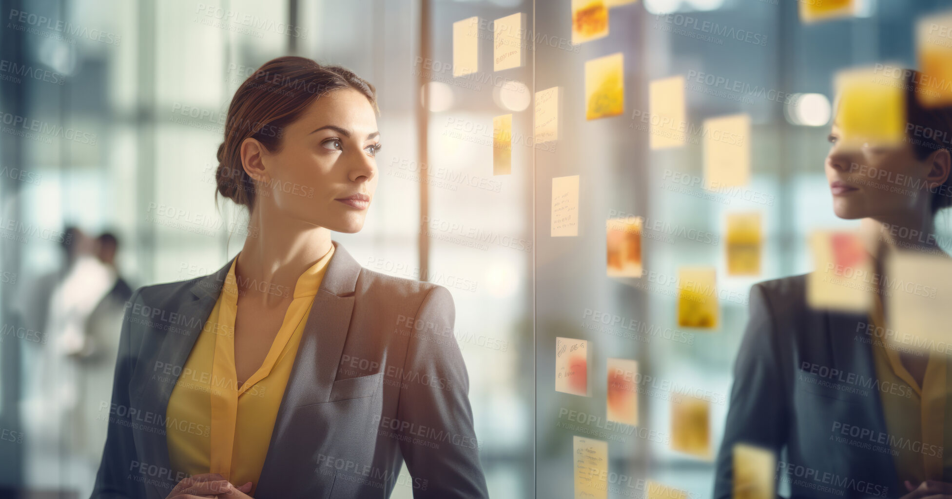 Buy stock photo Woman looking and brainstorming with ideas on glass board and sticky note