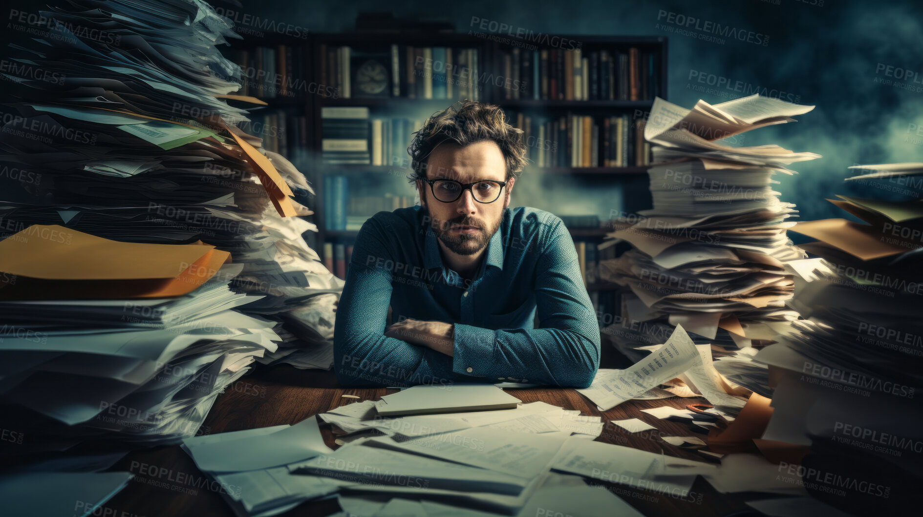 Buy stock photo Exhausted man in an office full of folders, documents and work. Mental Health concept