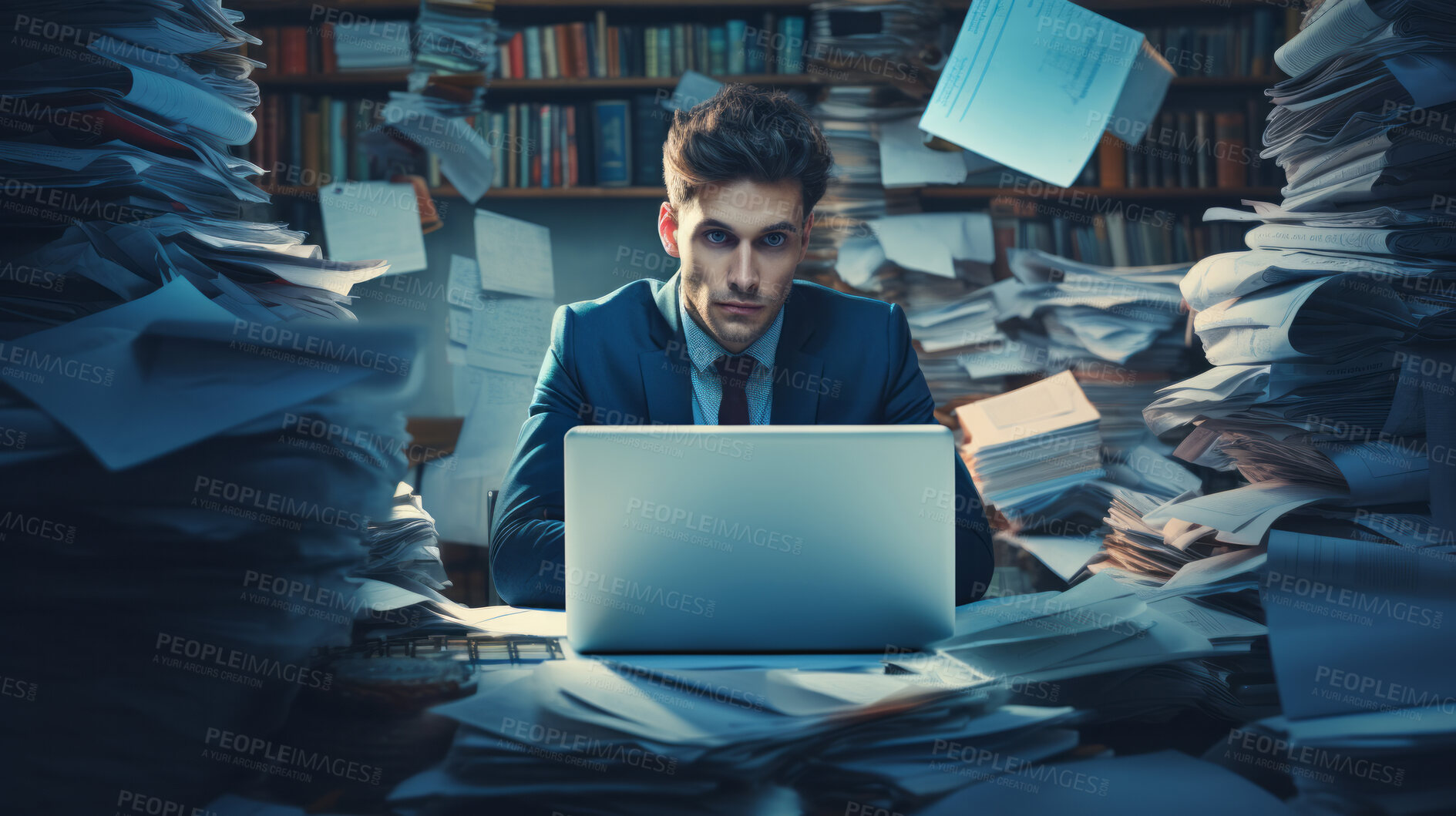 Buy stock photo Exhausted man in an office full of folders, documents and work. Mental Health concept