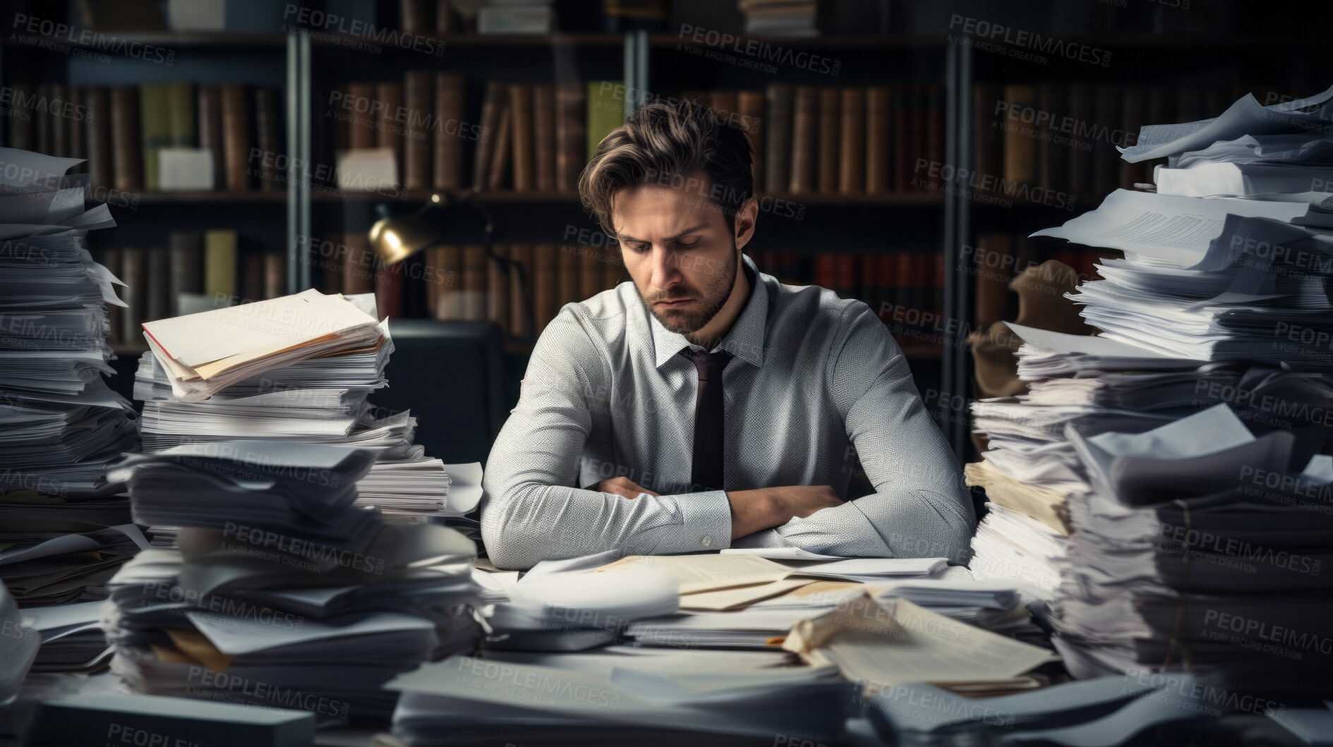 Buy stock photo Exhausted man in an office full of folders, documents and work. Mental Health concept