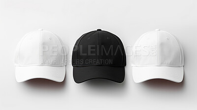 Buy stock photo Blank baseball caps. Mock up. Headwear template. Copy space.