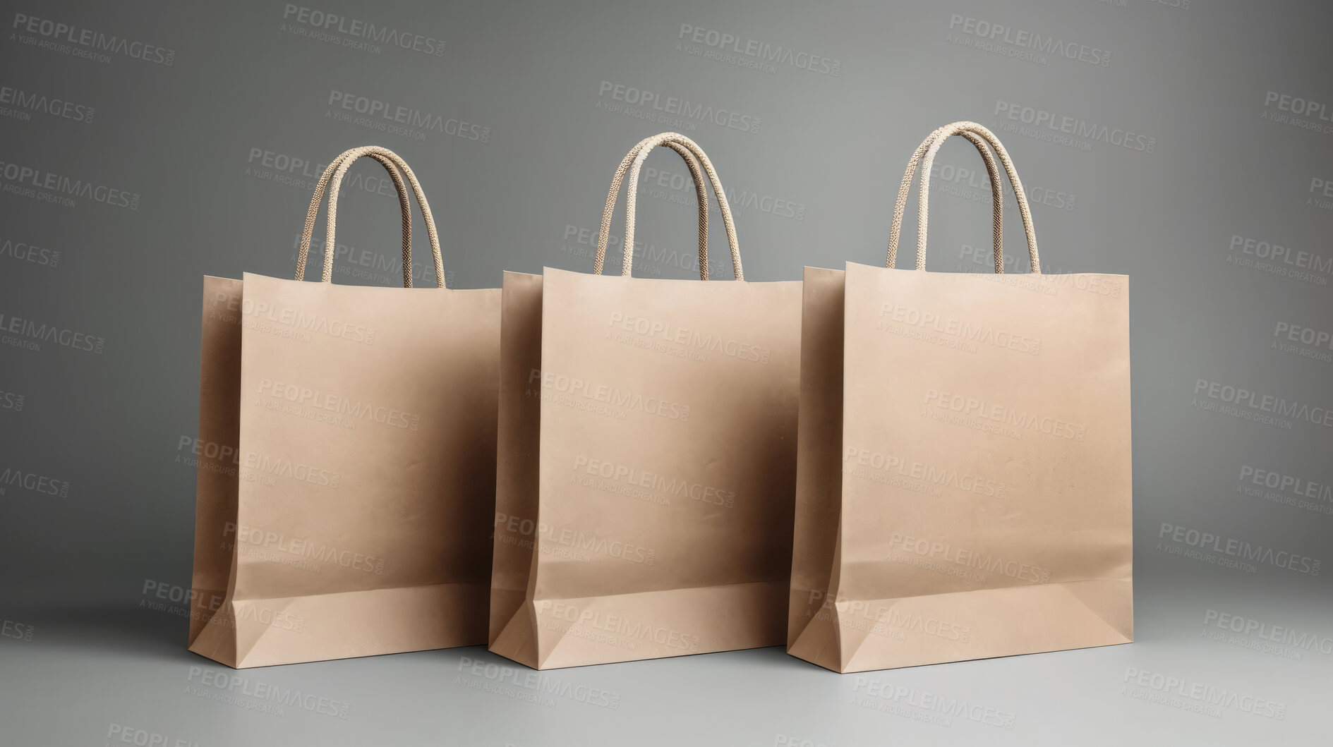 Buy stock photo Mock-up of recycled shopping bag. Blank paper bag template on backdrop. Copy space.