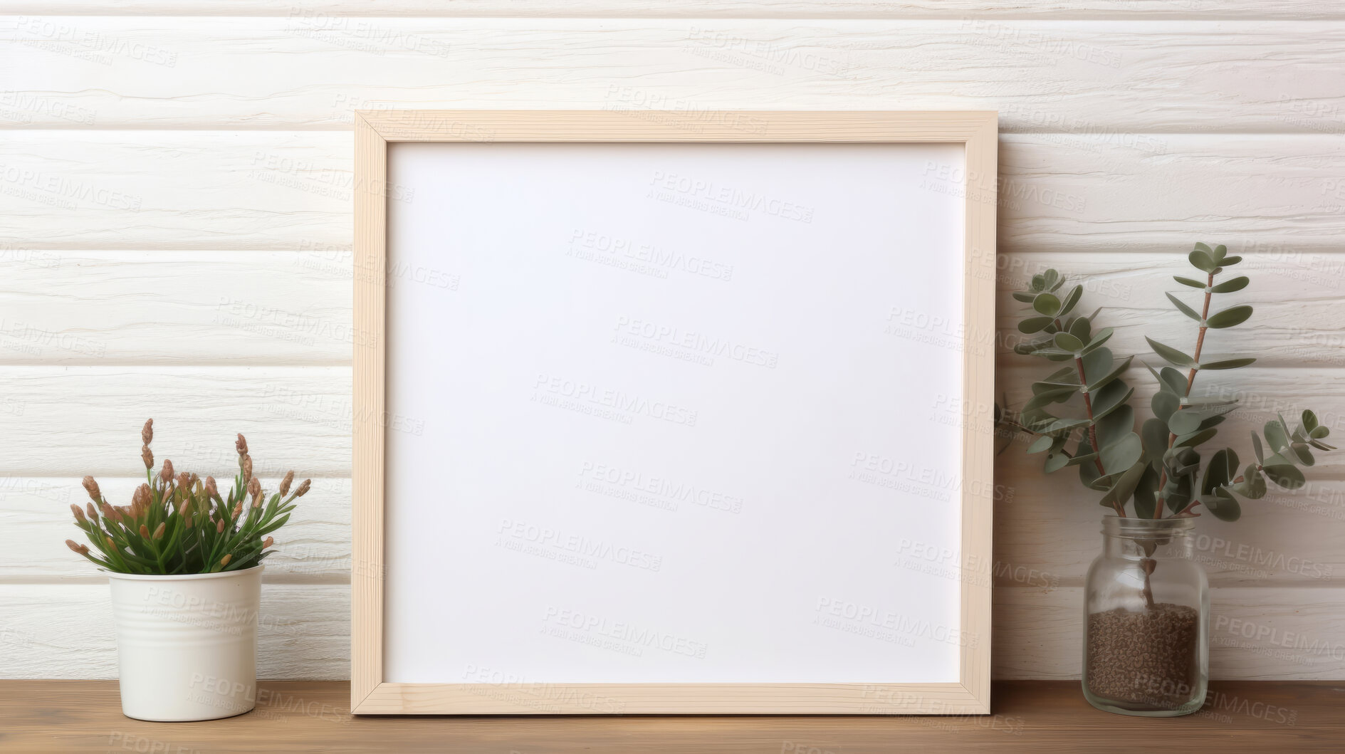 Buy stock photo Mock up photo frame on the brown shelf. Modern concept. Copy space.