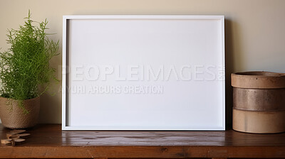 Buy stock photo Mock up photo frame on brown shelf. Modern concept. Copy space.