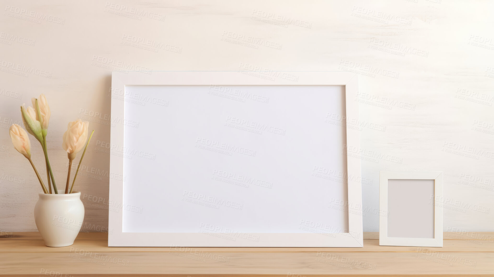 Buy stock photo Mock up rectangular photo frame on shelf. White edge. Modern concept. Copy space.