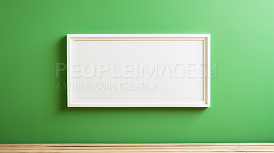 Mock-up photo frame on green wall. Modern concept. Copy space.
