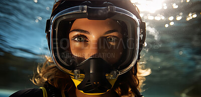 Buy stock photo Close-up shot of model wearing goggles underwater. Selfie concept.