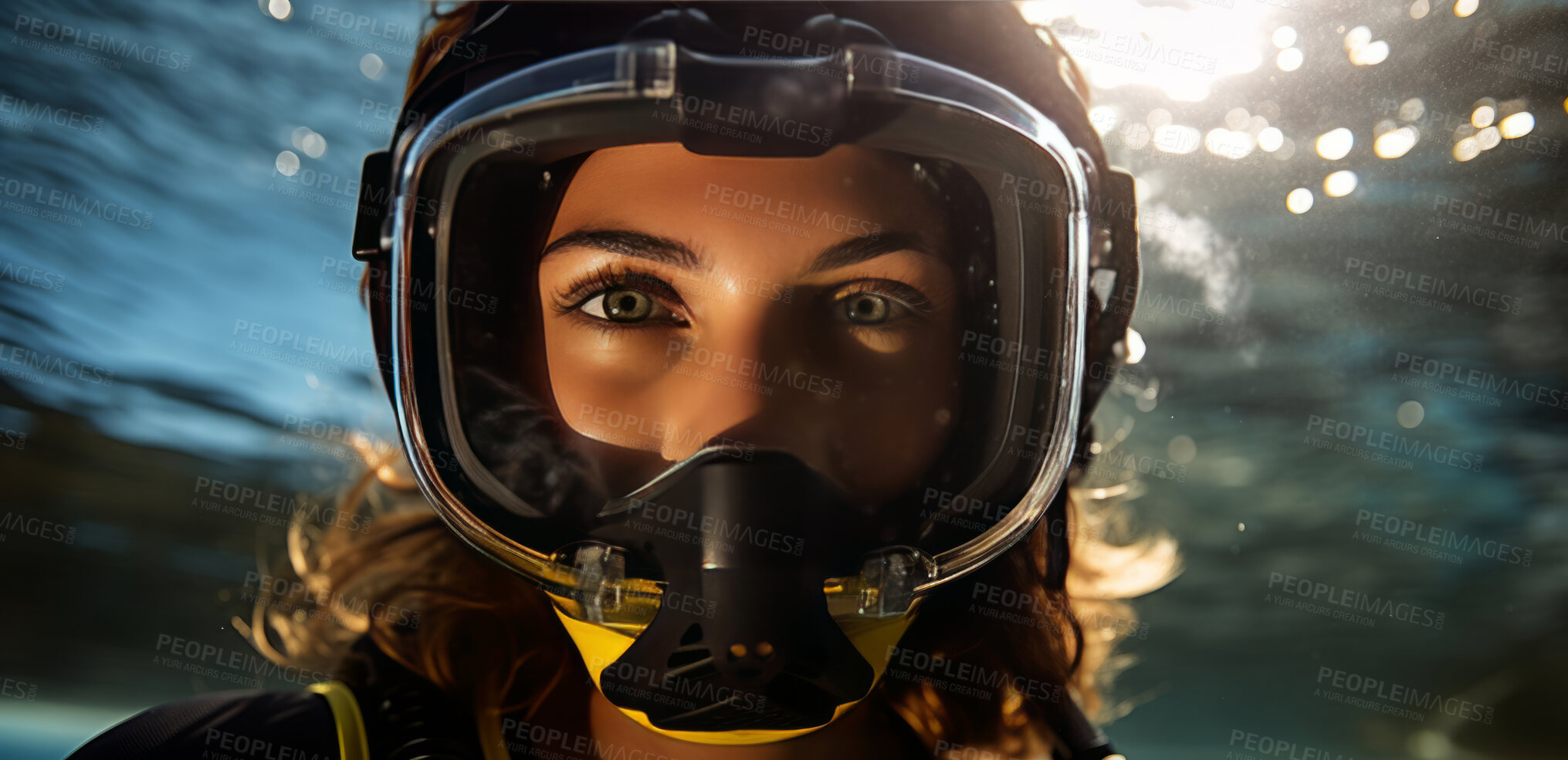 Buy stock photo Close-up shot of model wearing goggles underwater. Selfie concept.