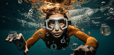 Close-up shot of woman wearing goggles underwater. Underwater sport concept.
