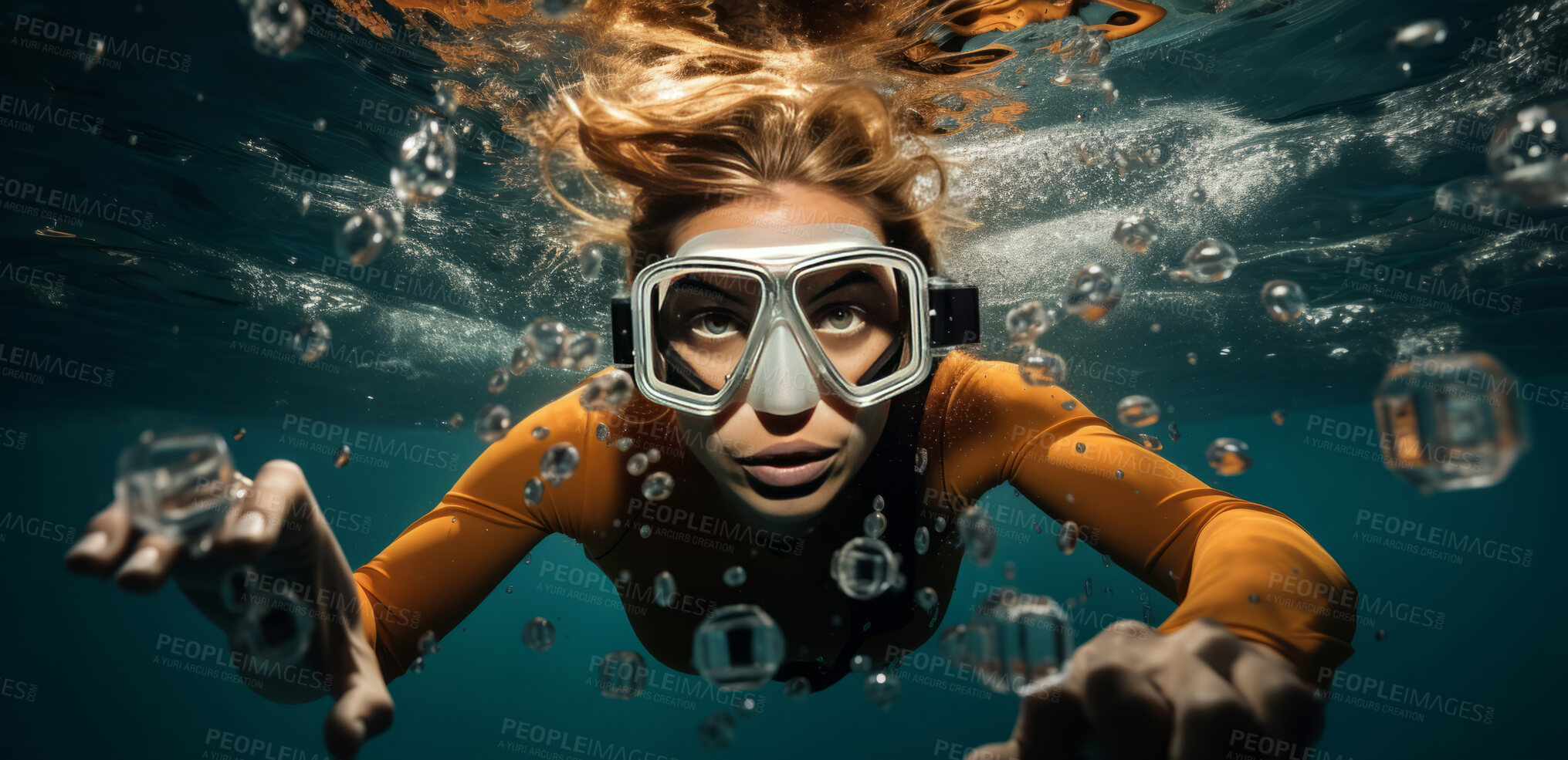 Buy stock photo Close-up shot of woman wearing goggles underwater. Underwater sport concept.