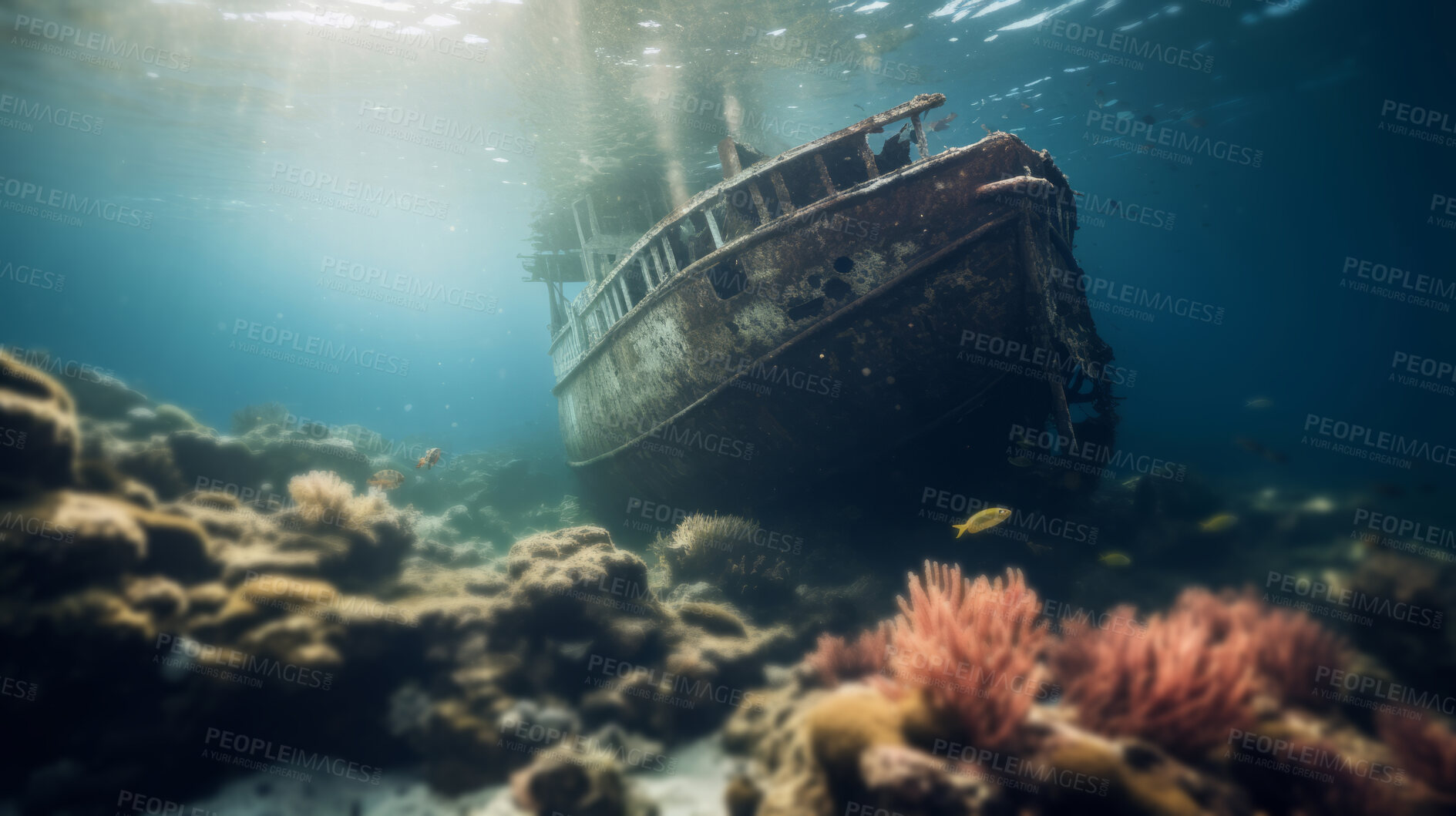 Buy stock photo Shipwreck on the ocean floor. Underwater scenery. Tropical coral reefs.