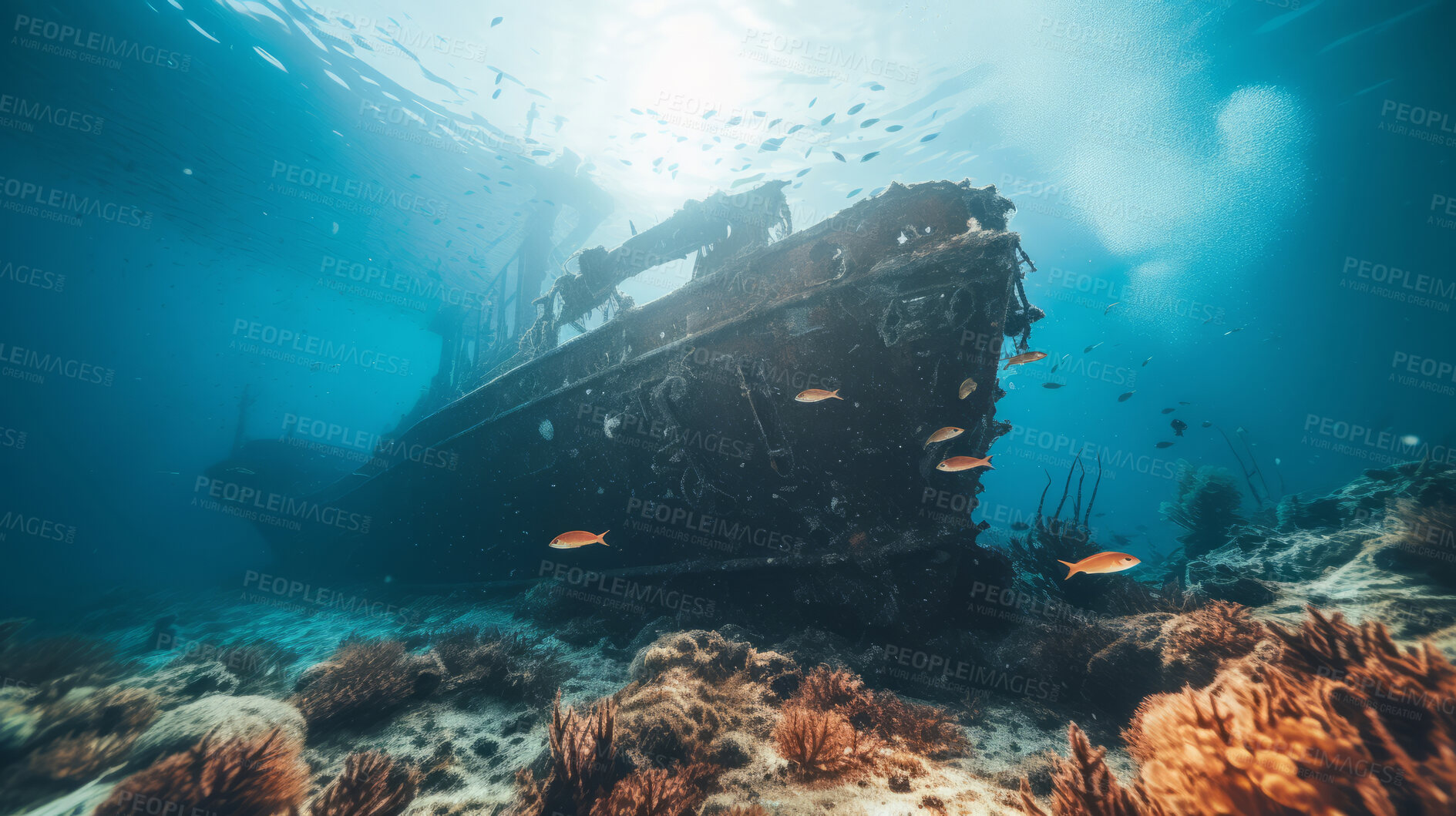 Buy stock photo Shipwreck on the ocean floor. Underwater scenery. Tropical coral reefs.