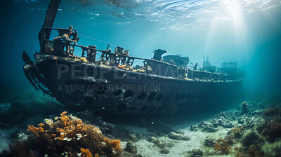 Shipwreck on the ocean floor. Underwater scenery. Tropical coral reefs.