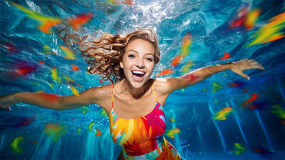 Portrait of smiling young woman underwater in swimming pool. Vacation, holiday concept.
