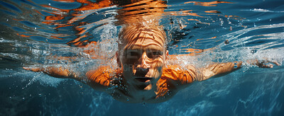 Portrait of smiling young girl man underwater in swimming pool. Vacation, holiday concept.