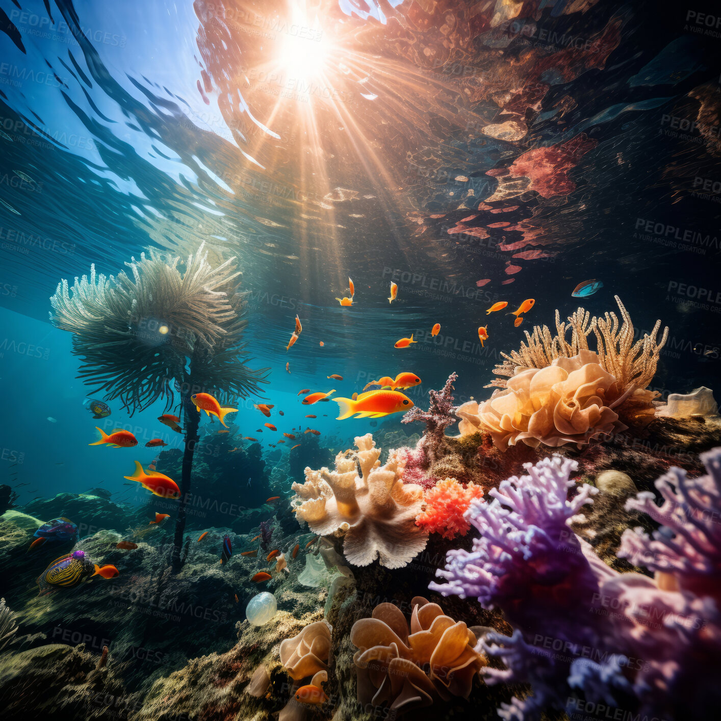 Buy stock photo Underwater ecosystem. Sunbeams through water. Life underwater.