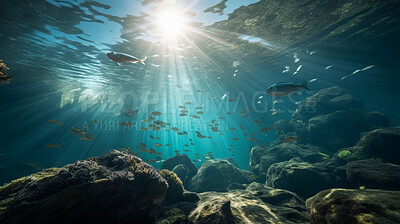 Underwater scenery, sunbeams through water. Tropical coral Seabed.