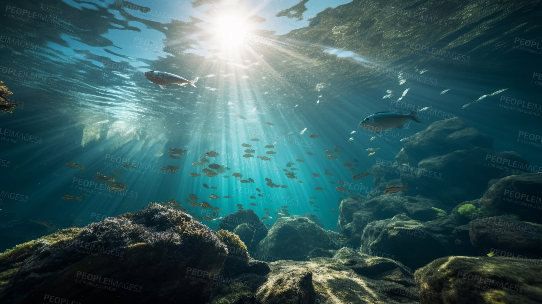 Buy stock photo Underwater scenery, sunbeams through water. Tropical coral Seabed.