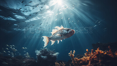 Buy stock photo Underwater scenery, various types of fish and coral.