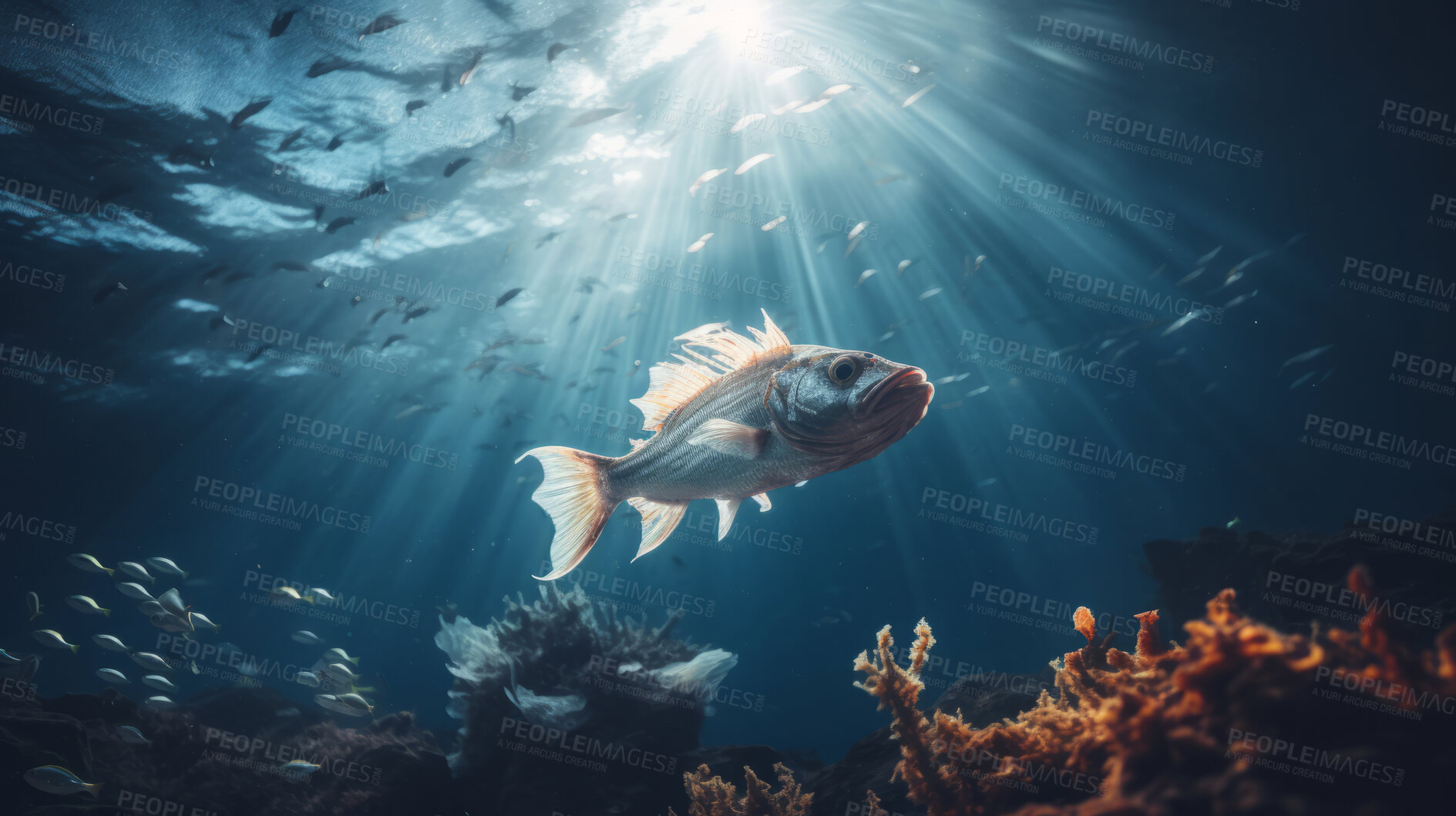 Buy stock photo Underwater scenery, various types of fish and coral.
