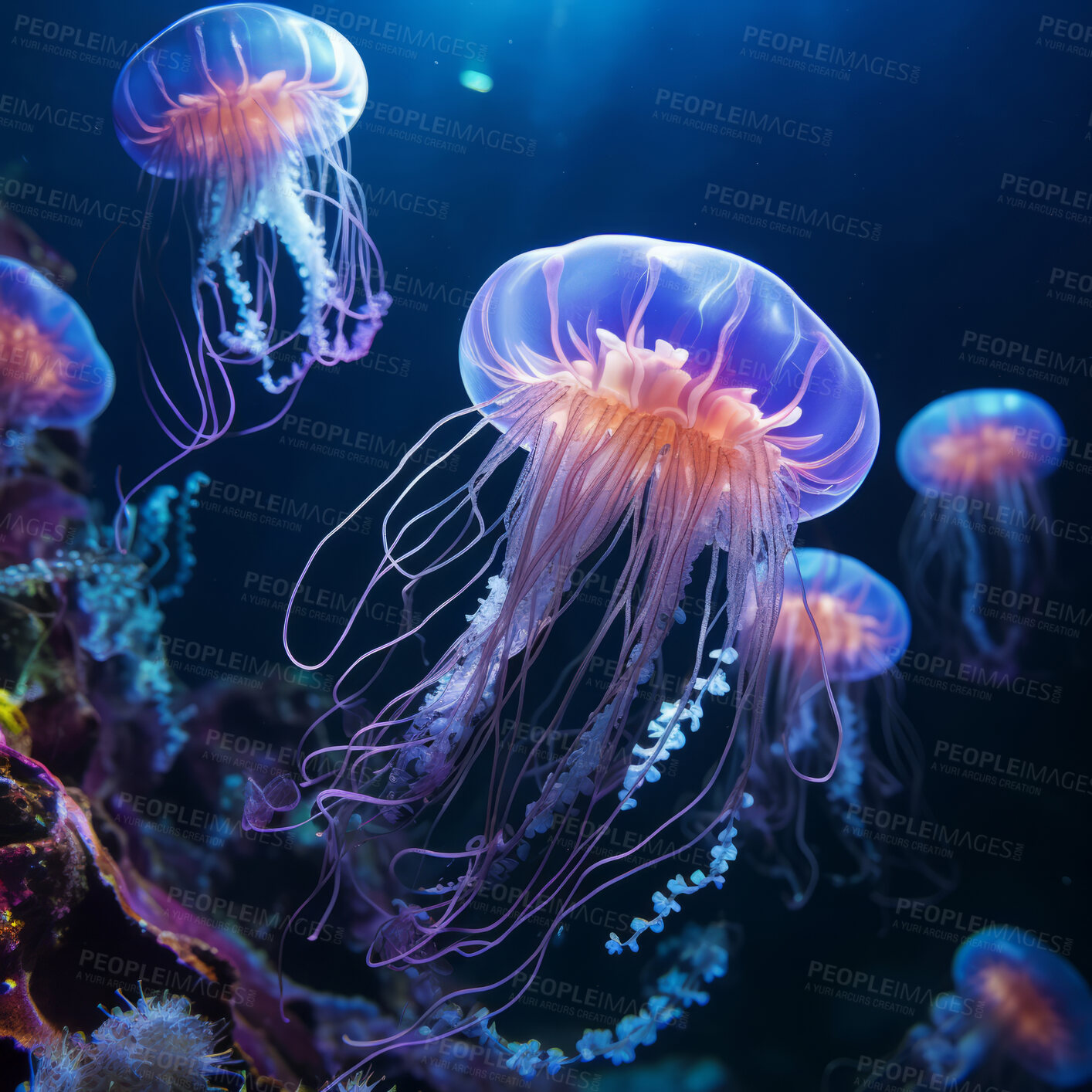 Buy stock photo Underwater close-up of glowing jelly-fish Animal sea life in the coral reef.