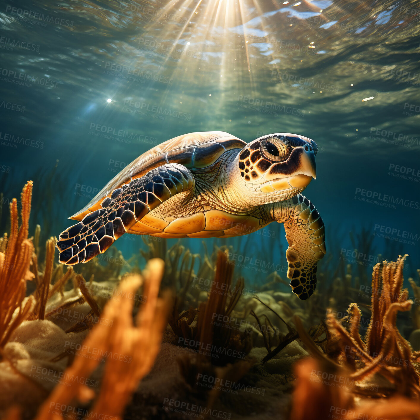 Buy stock photo Underwater close-up of sea turtle. Animal sea life in the coral reef.