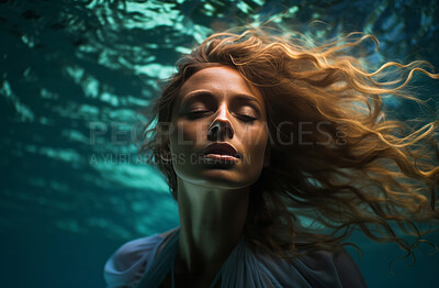 Buy stock photo Model underwater wearing dress. Calm relaxation concept. Editorial concept.