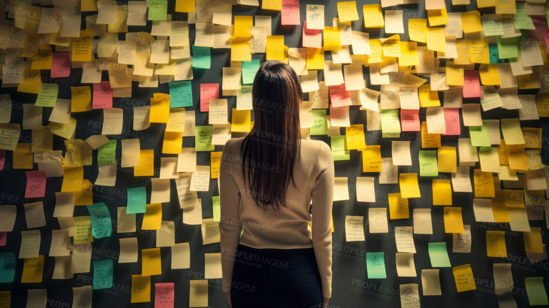 Buy stock photo Woman looking and brainstorming with ideas on glass board and sticky note