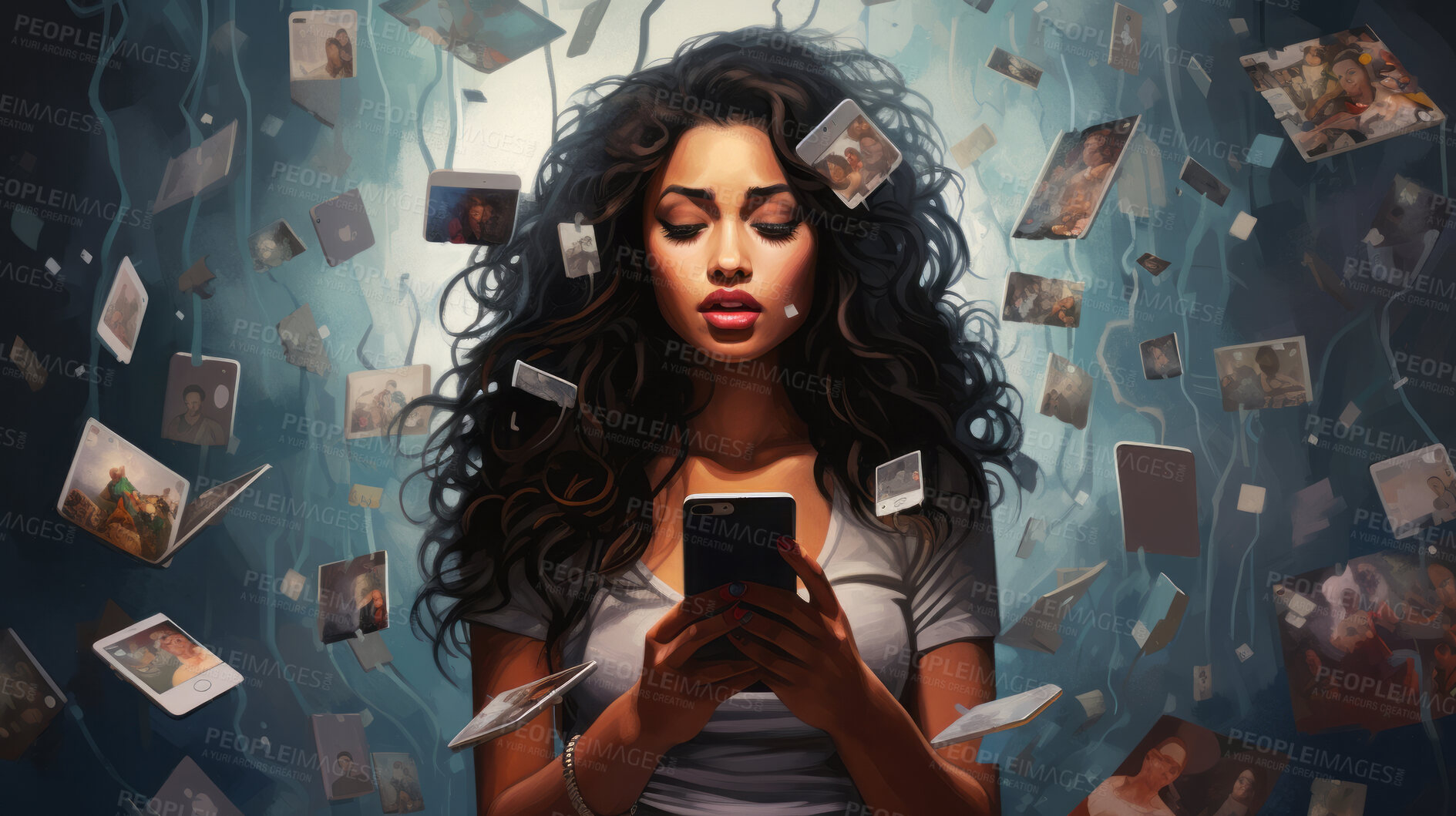 Buy stock photo Woman surrounded by social media icons. Big data social media, screens, photos, videos