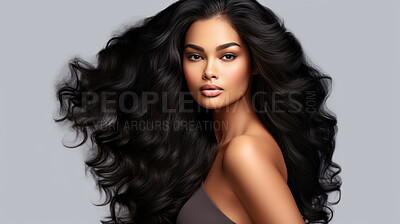 Portrait of young african woman with long wavy hair. Hair care, make-up and hair health