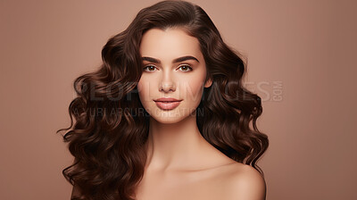 Buy stock photo Portrait of young brunette woman with long wavy hair. Hair care, make-up and hair health