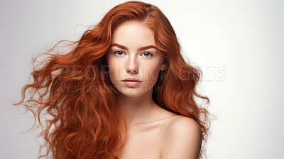 Portrait of young woman with long wavy ginger hair. Hair care, make-up and hair health