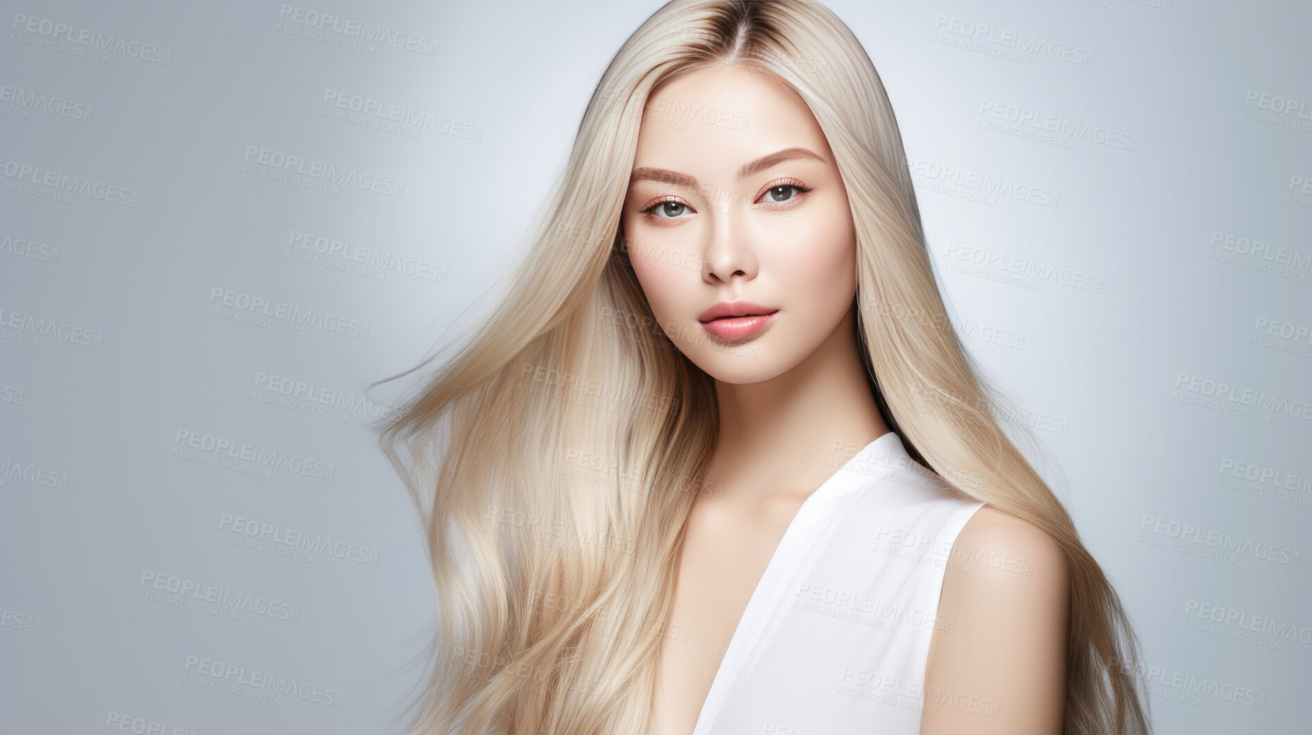 Buy stock photo Portrait of Korean woman with long wavy blonde hair. Hair care, make-up and hair health