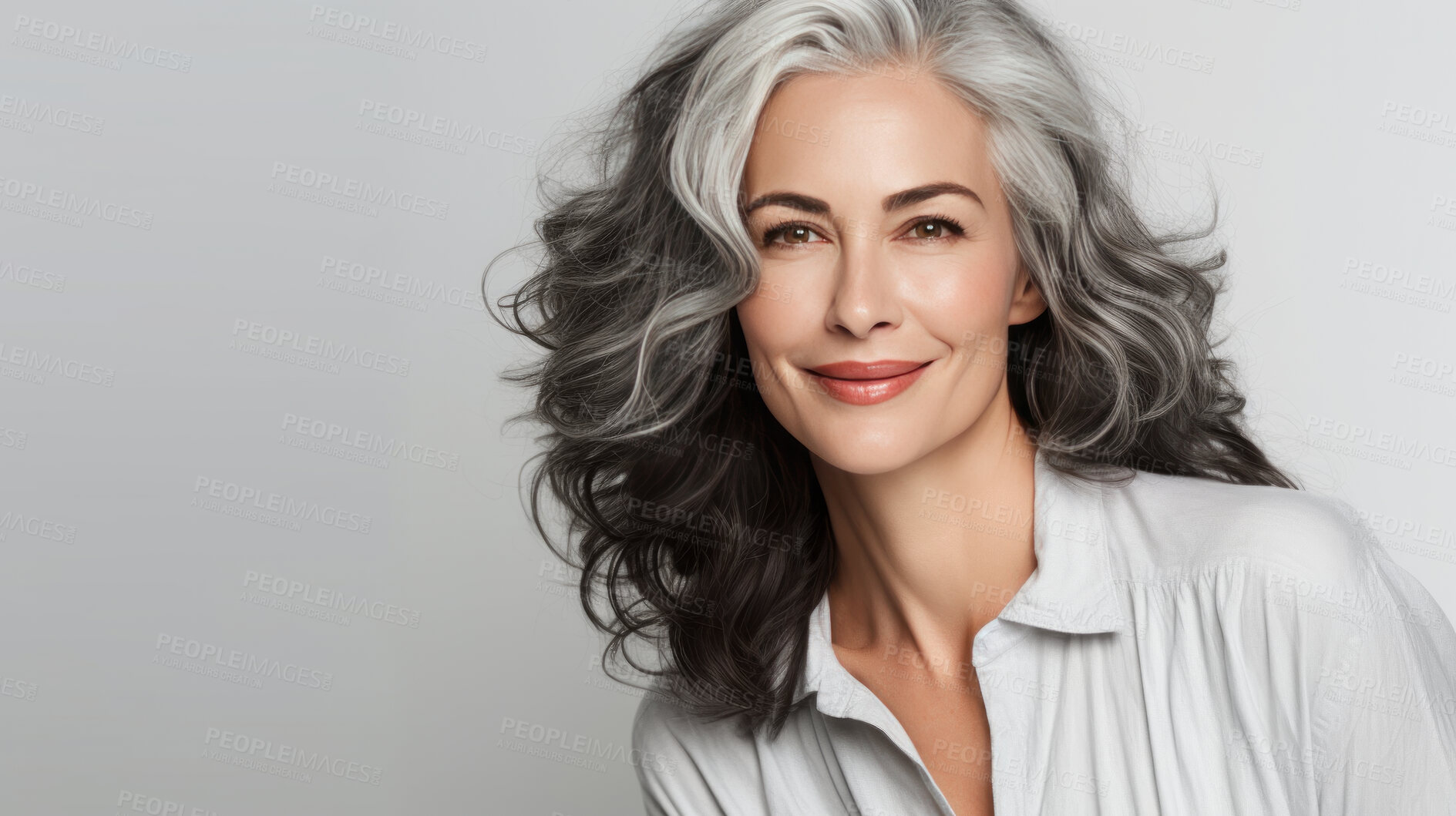 Buy stock photo Portrait of mature woman with curly wavy grey hair. Hair care, make-up and hair health