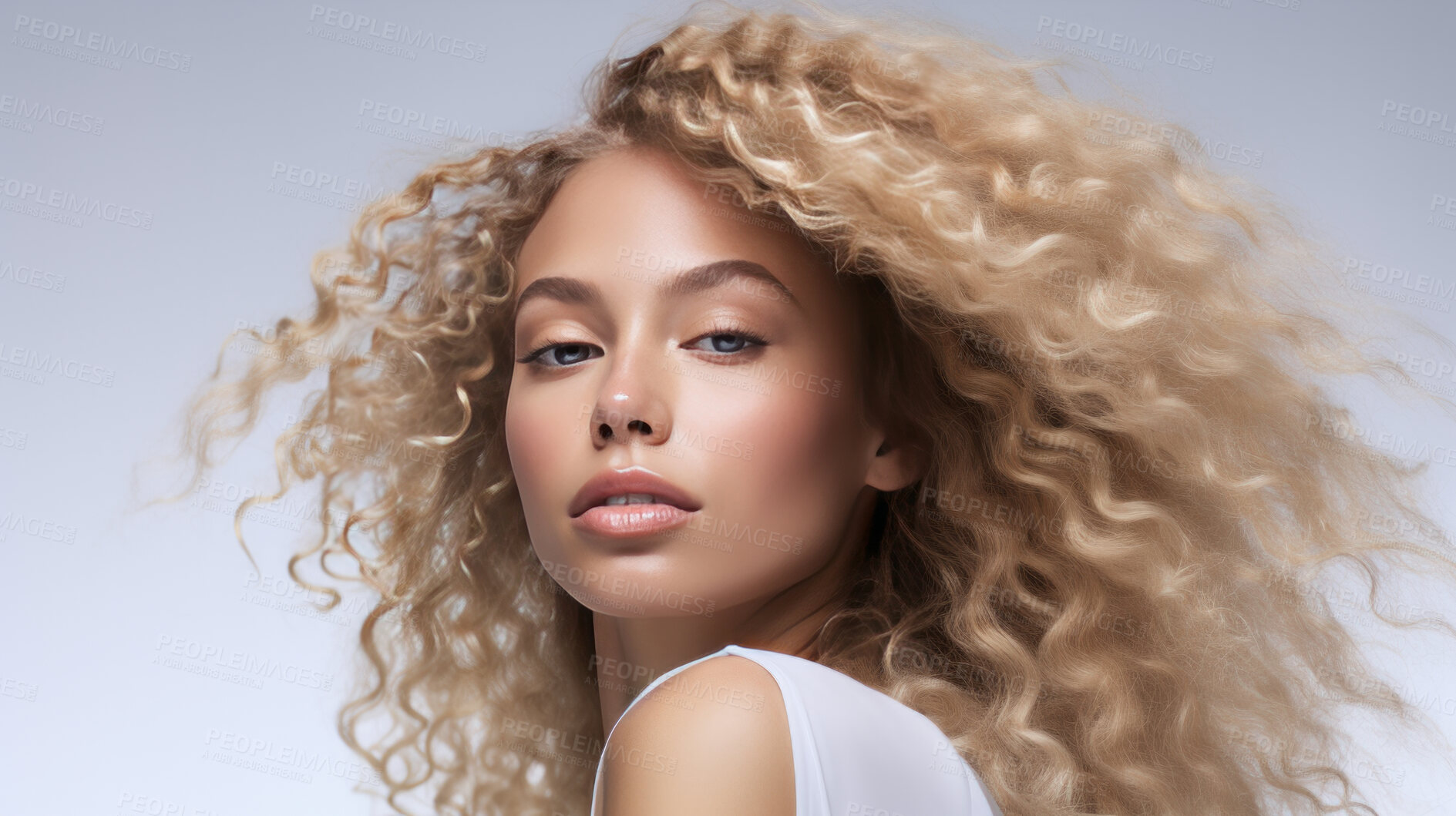 Buy stock photo Portrait of young woman with blonde natural curly hair. Hair care, make-up and hair health