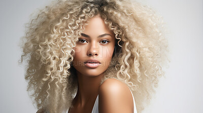 Buy stock photo Portrait of young woman with blonde natural curly hair. Hair care, make-up and hair health