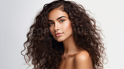 Buy stock photo Portrait of young woman with dark natural curly hair. Hair care, make-up and hair health