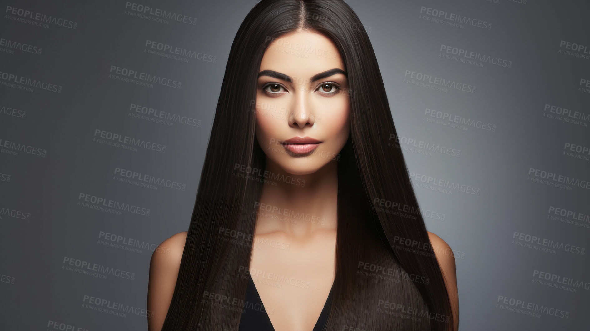 Buy stock photo Portrait of young woman with long straight black hair. Hair care, make-up and hair health