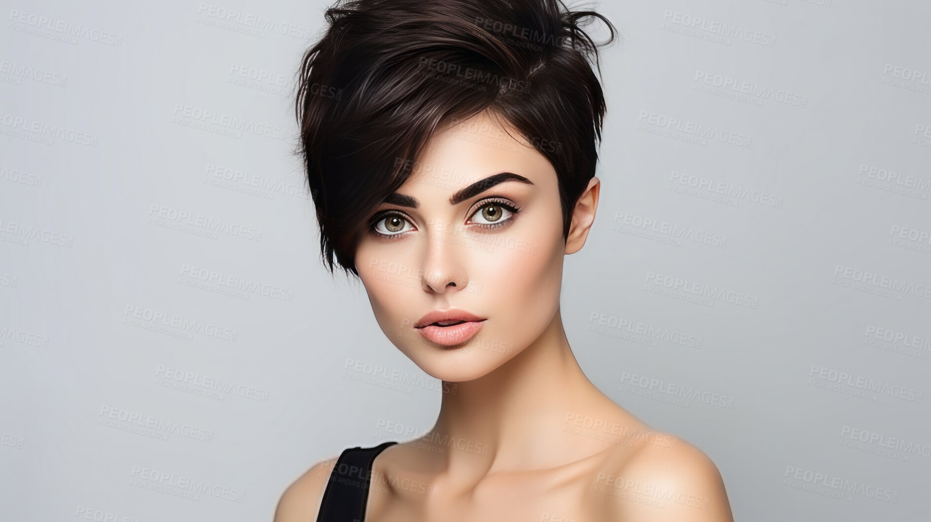 Buy stock photo Portrait of young woman with short dark pixie haircut. Hair care, make-up and hair health
