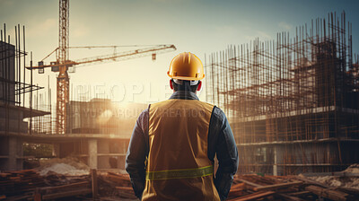 Back view of civil engineer or professional building constructor wearing safety hat