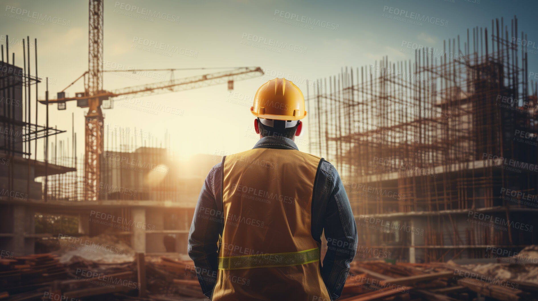 Buy stock photo Back view of civil engineer or professional building constructor wearing safety hat