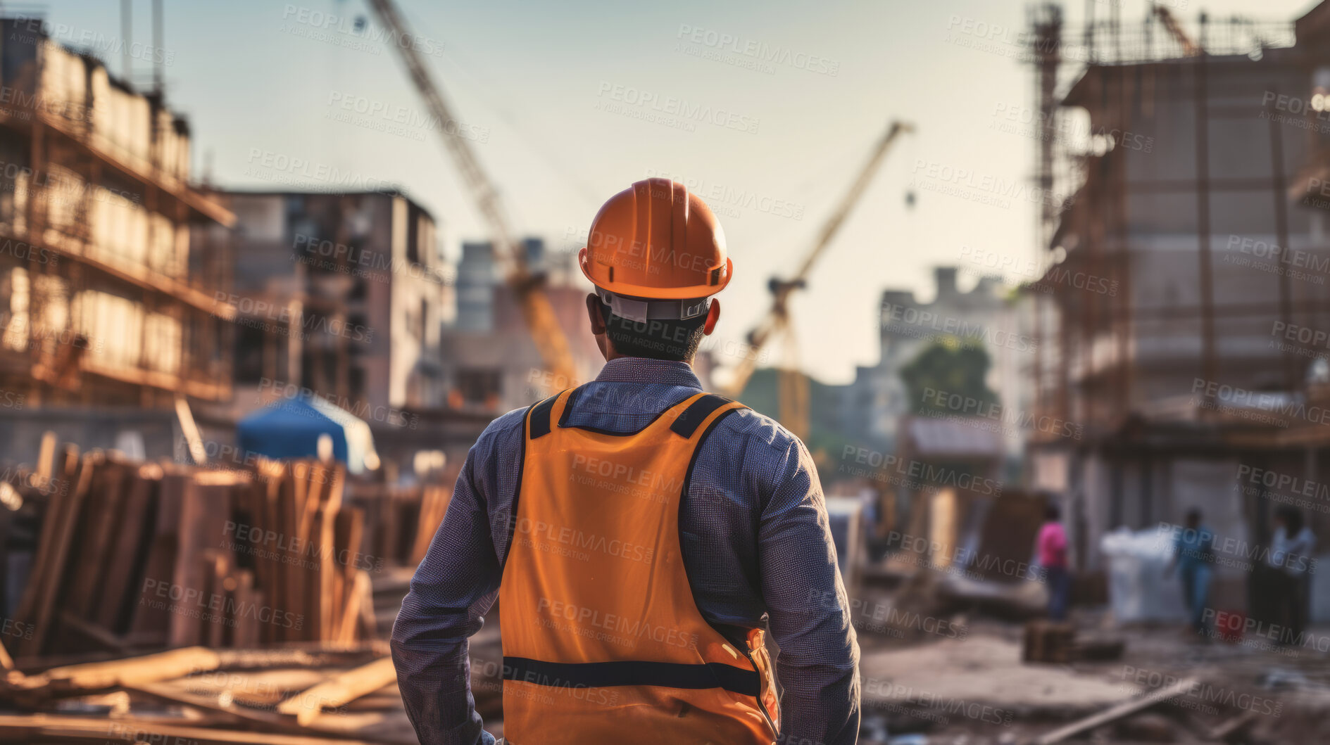 Buy stock photo Back view of civil engineer or professional building constructor wearing safety hat